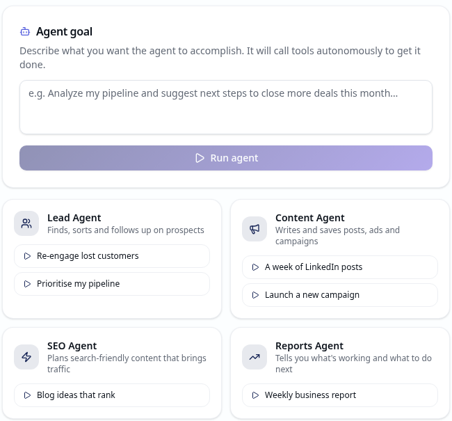 Actual AI Agents workspace showing the Lead, Content, SEO and Reports agent options